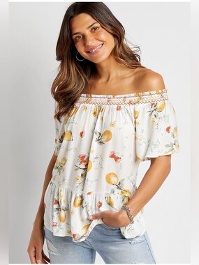 Maurices White Fruit Smocked Neck Top Size S